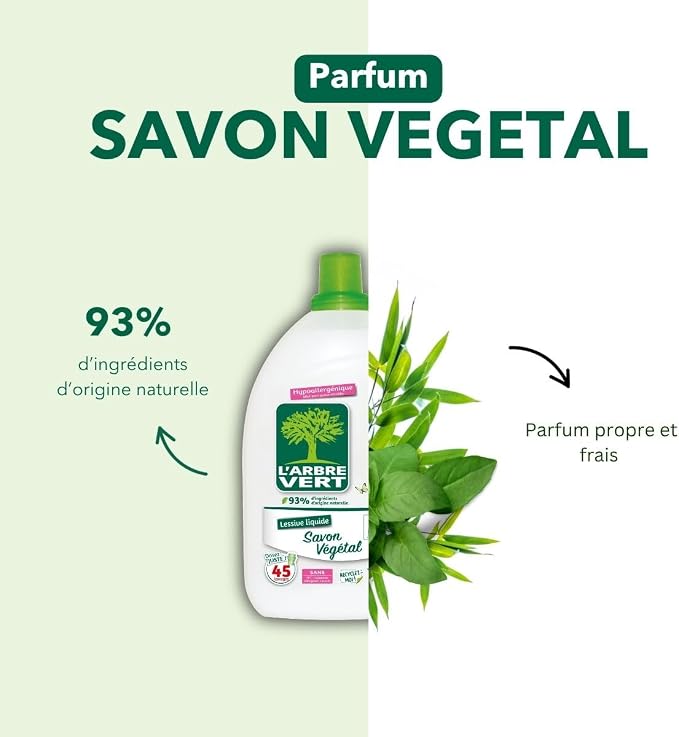 L'Arbre Vert Lessive Savon Végétal - Hypoallergénique - 45 Lavages - 94% d'ingrédients d'origine naturelle - 2.025L