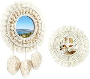 Lot de 2 miroirs muraux décoratifs avec franges tissées