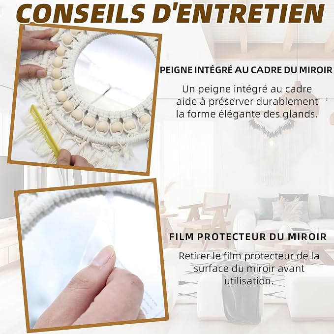 Lot de 2 miroirs muraux décoratifs avec franges tissées