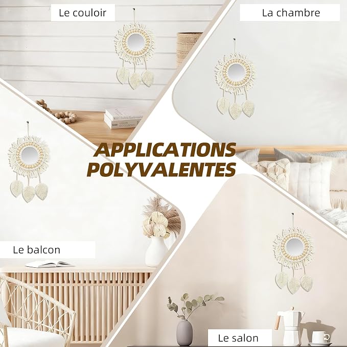 Lot de 2 miroirs muraux décoratifs avec franges tissées