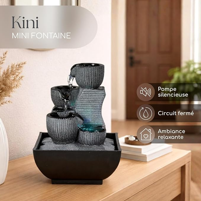 Fontaine d’Intérieur Kini Cascade Zen Relaxante avec Lumière LED Coloré 18 cm