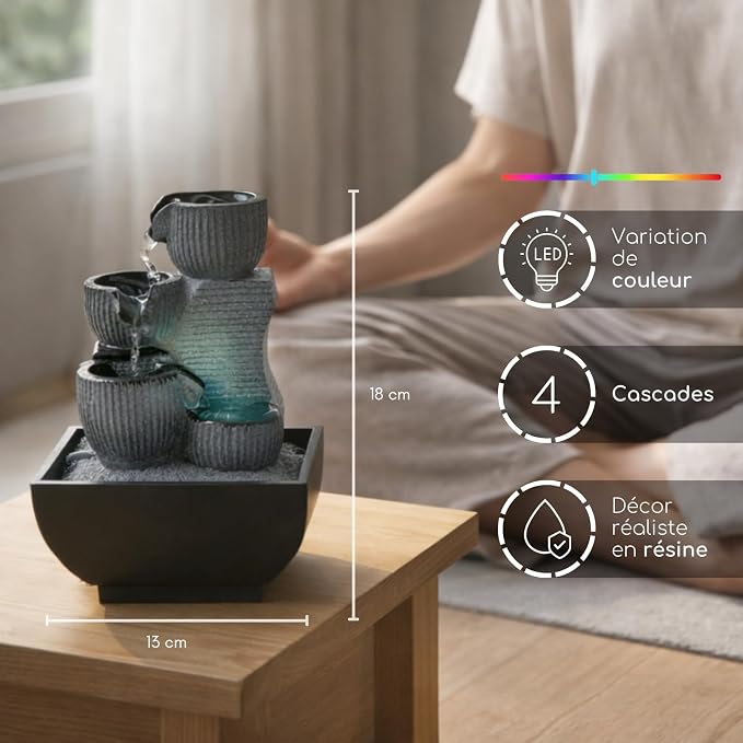 Fontaine d’Intérieur Kini Cascade Zen Relaxante avec Lumière LED Coloré 18 cm