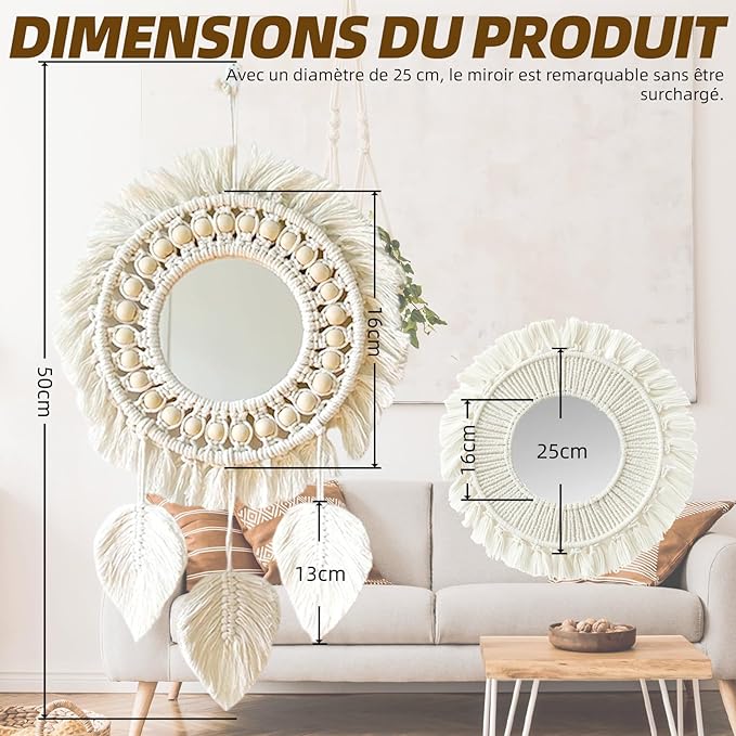 Lot de 2 miroirs muraux décoratifs avec franges tissées