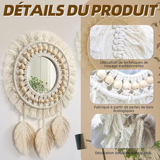 Lot de 2 miroirs muraux décoratifs avec franges tissées